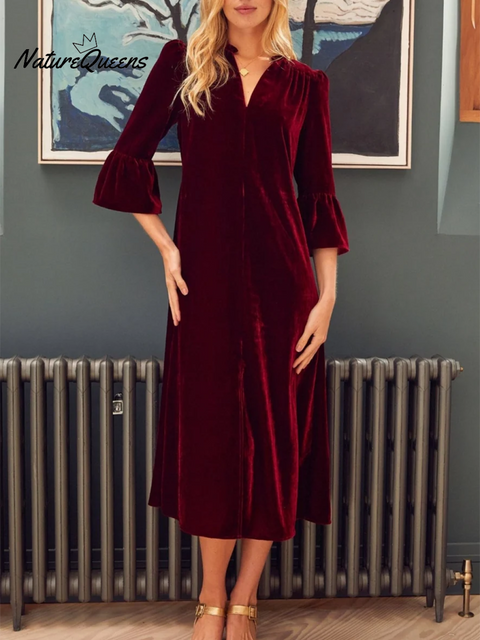 Women's Elegant V-neck Velvet Strap Midi Dress