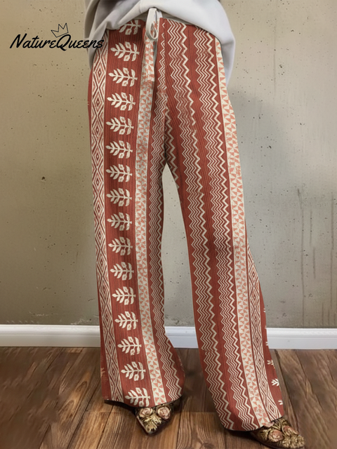Women's Boho Leaf Stitching Printed Knitted Stretch Straight Pants