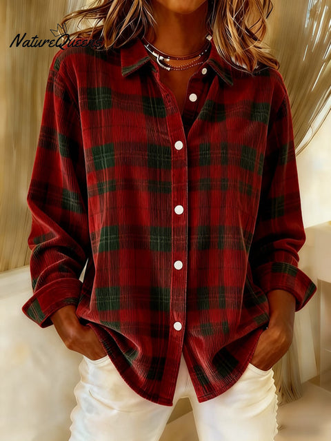 Women's casual retro Christmas plaid corduroy shirt