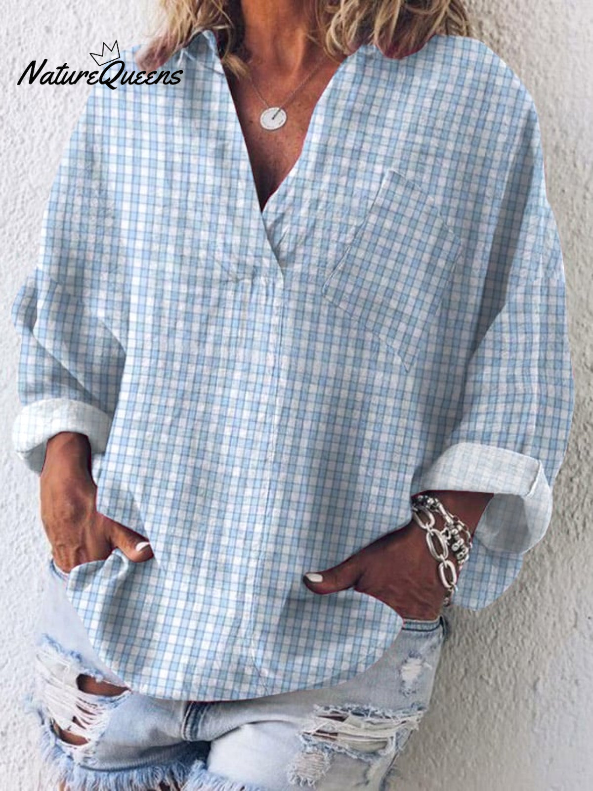 Women’s Plaid Casual Pocket V - Neck Top Light Blue / S