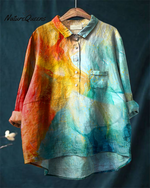 Vintage Abstract Art Print Casual Cotton and Linen Shirt