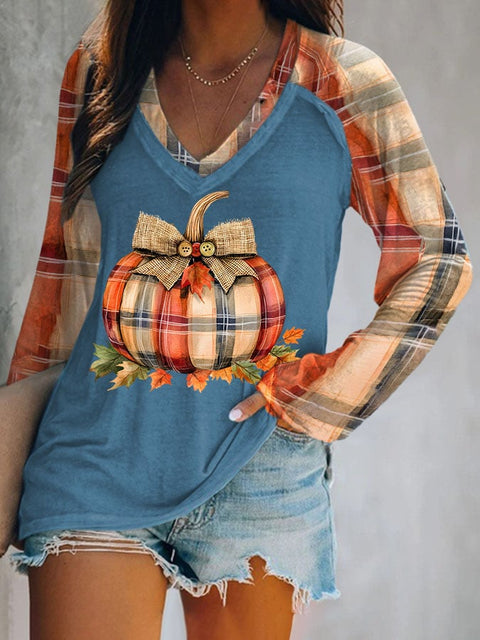 Women's Pumpkin Season Print Casual V-Neck Long-Sleeved T-Shirt