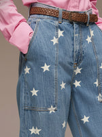 Casual Retro Five-star Print Frayed Wide-leg Light Blue Jeans