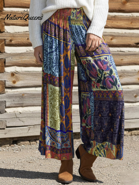 Cozy Boho Floral Print Tummy Control Knit Wide-Leg Pants
