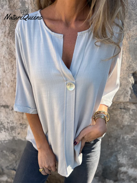 Women's Shell Button V-Neck Cotton Top