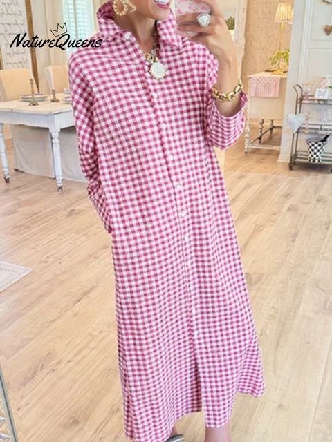 Women's Cotton Plaid Loose Slit Dress