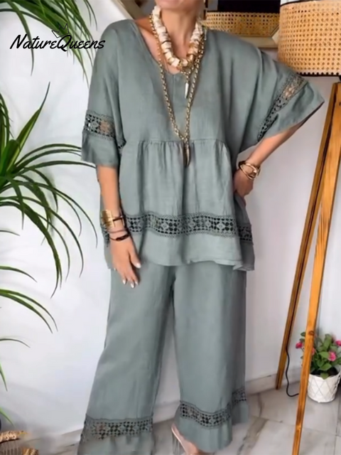 Women's Lace-paneled Top and Pants Linen Two-piece Suit