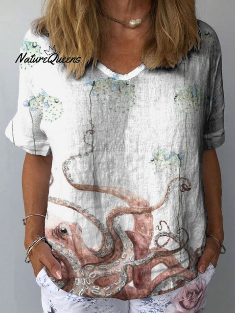 Women's Deep Sea Octopus Art Print Casual Cotton And Linen Shirt