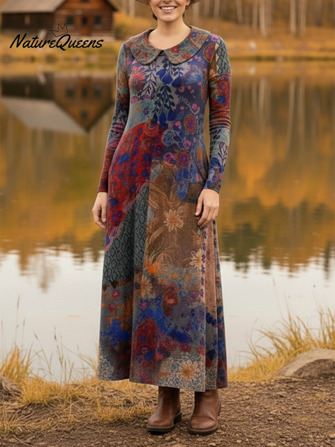Peter Pan Collar Floral Plaid Print Soft Stretch Dress