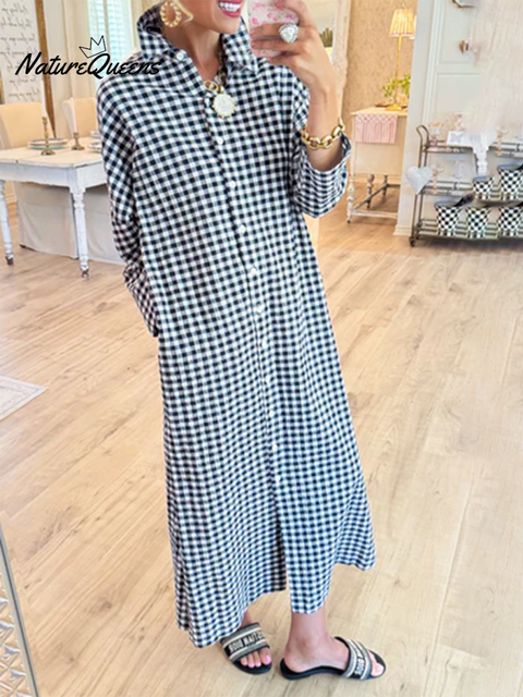 Women's Cotton Plaid Loose Slit Dress
