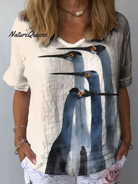 Women's Bird Art Print Casual Cotton And Linen Shirt