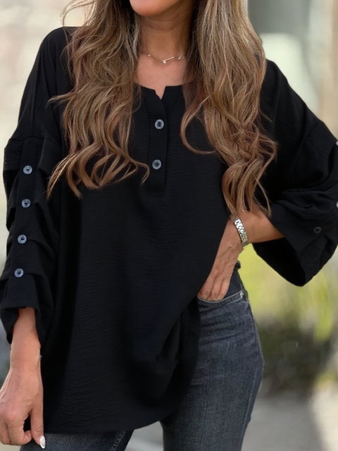 Button Puff Sleeve V-Neck Cotton Top