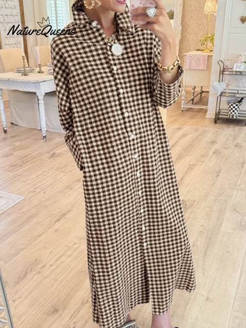 Women's Cotton Plaid Loose Slit Dress