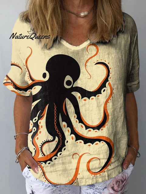 Women's Octopus Art Print Casual Cotton And Linen Shirt