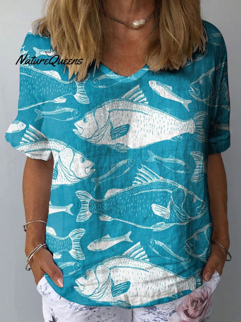 Women's Fish Art Print Casual Cotton And Linen Shirt