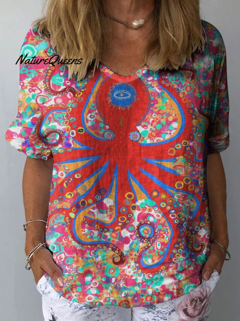 Women's Colorful Octopus Art Print Casual Cotton And Linen Shirt