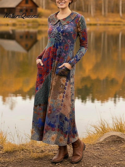 Peter Pan Collar Floral Plaid Print Soft Stretch Dress