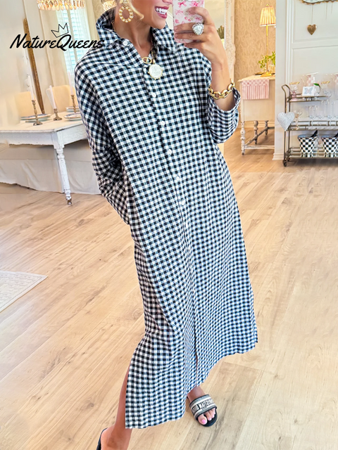 Women's Cotton Plaid Loose Slit Dress