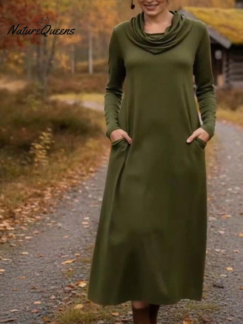 Women's Elegant Pile Neck Pocket Solid Color Knitted Dress
