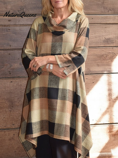 Women's Retro Elegant Cowl Neck Plaid Print Irregular Hem Top