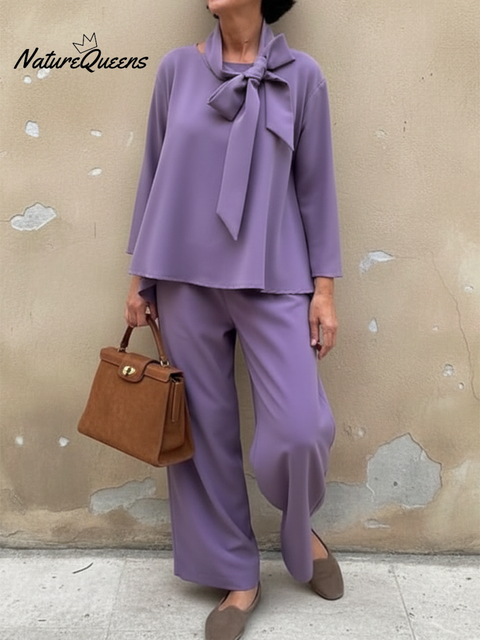 Women's Elegant Bow Top and Pants Cotton Two-piece Suit