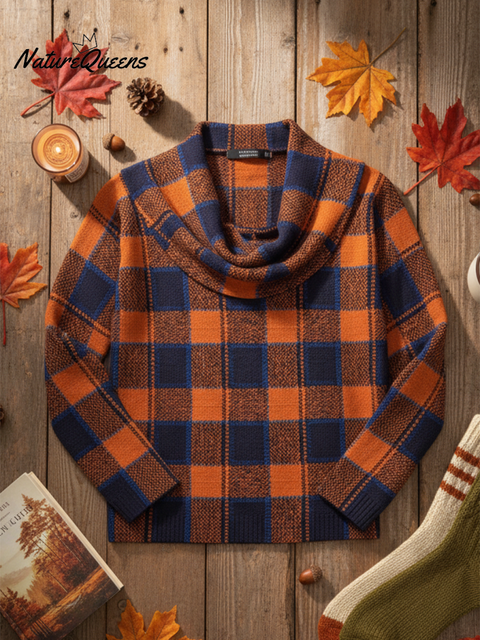 Women's Retro Contrast Color Plaid Cowl Neck Sweater Top