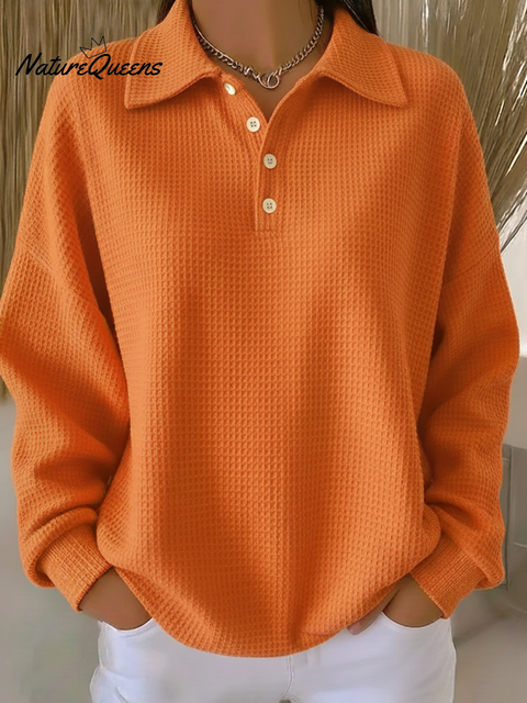 Women's Casual Polo Button Waffle Top Sweatshirt