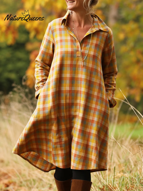 Retro Autumn and Winter Contrast Plaid Lapel Dress