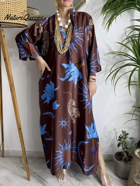 Women's Loose V-neck Sun God Print Dress