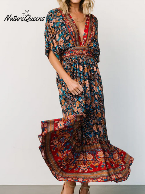 Women's Boho Floral Print V-Neck Dress