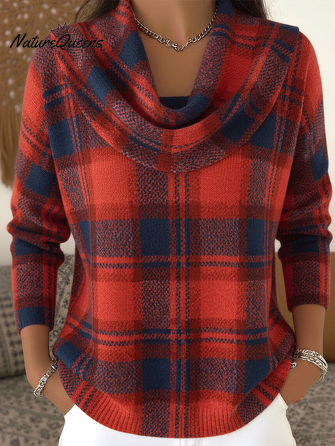 Women's Retro Contrast Color Plaid Cowl Neck Sweater Top