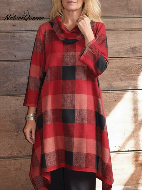 Women's Retro Elegant Cowl Neck Plaid Print Irregular Hem Top
