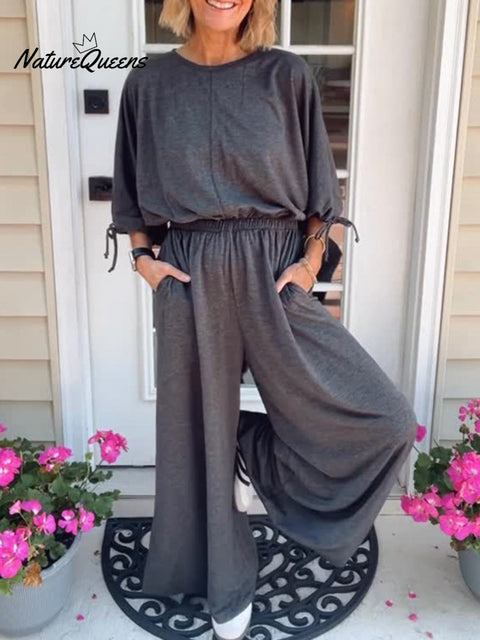 Women's Soft Cotton Casual Cuff Tie Solid Color Jumpsuit