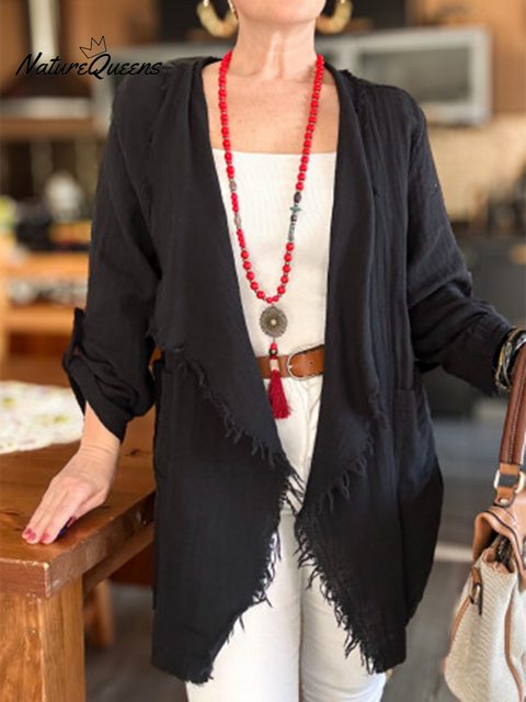 Women's Solid Color Tassel Cotton and Linen Cardigan Top