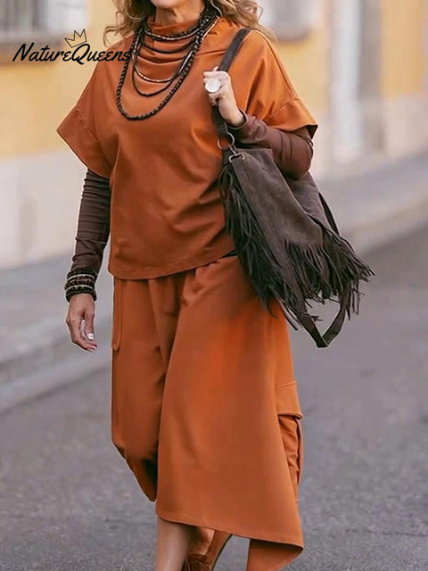 Women's Loose Turtleneck Top Irregular Skirt Cotton Suit