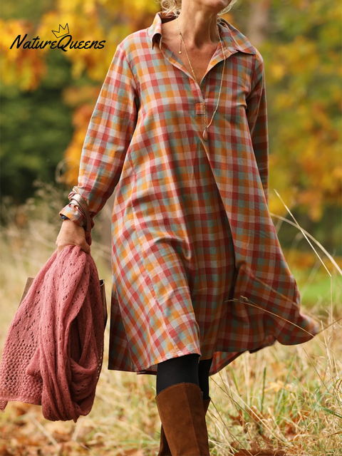 Retro Autumn and Winter Contrast Plaid Lapel Dress