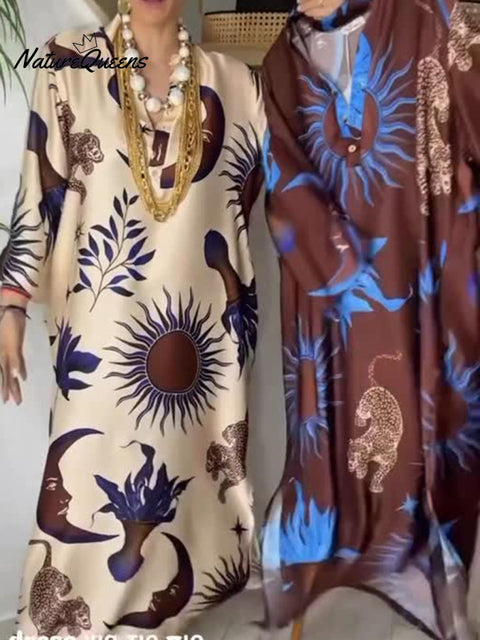 Women's Loose V-neck Sun God Print Dress