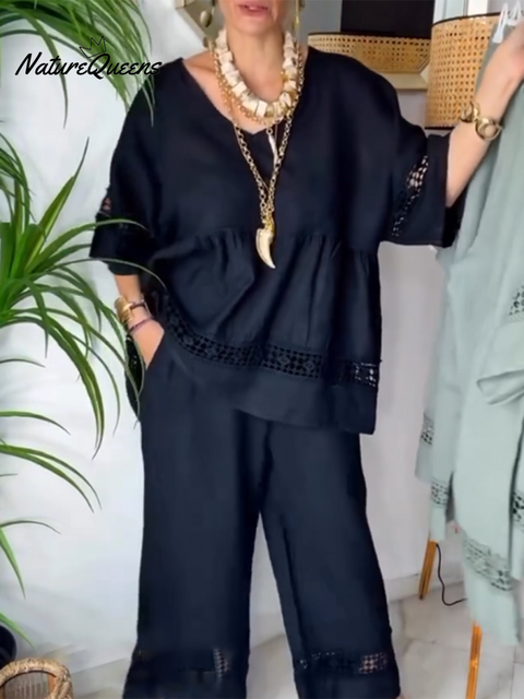 Women's Lace-paneled Top and Pants Linen Two-piece Suit