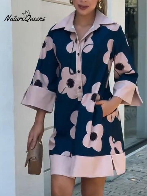 Artistic Lapel Large Flower Print Cotton and Linen Dress