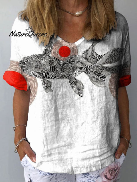 Women's Patterned Koi Art Print Casual Cotton And Linen Shirt