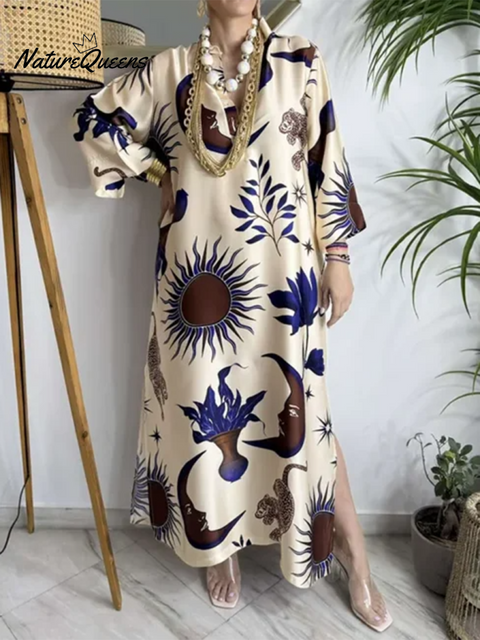 Women's Loose V-neck Sun God Print Dress