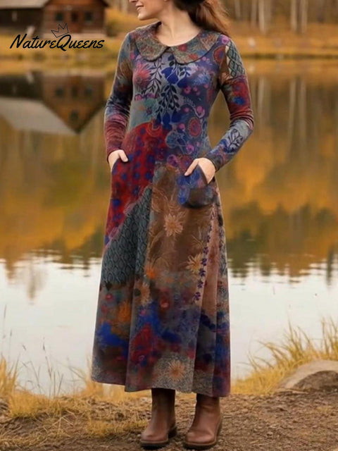 Peter Pan Collar Floral Plaid Print Soft Stretch Dress