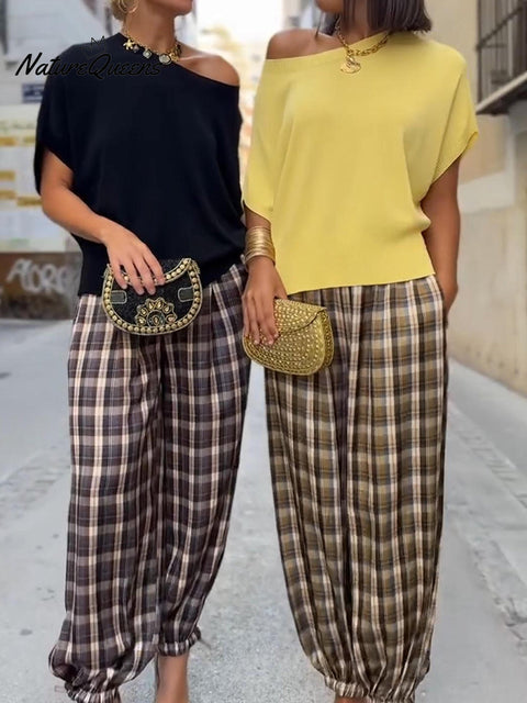 Women's Casual Knitted Top and Plaid Bloomers Two-piece Set