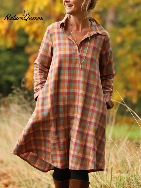 Retro Autumn and Winter Contrast Plaid Lapel Dress
