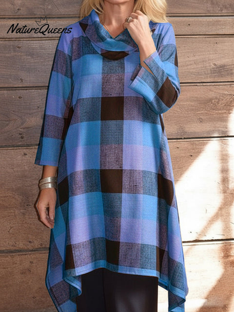Women's Retro Elegant Cowl Neck Plaid Print Irregular Hem Top