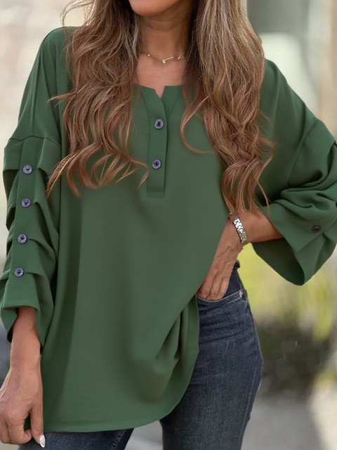 Button Puff Sleeve V-Neck Cotton Top