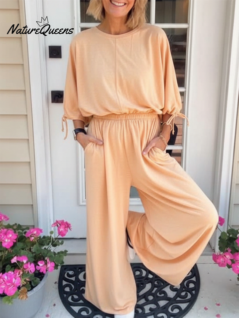Women's Soft Cotton Casual Cuff Tie Solid Color Jumpsuit