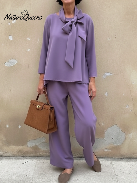 Women's Elegant Bow Top and Pants Cotton Two-piece Suit
