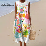 Women's Vintage Funny Animals Dog Flowers Art Print Sleeveless Cotton Pocket Wrap Dress