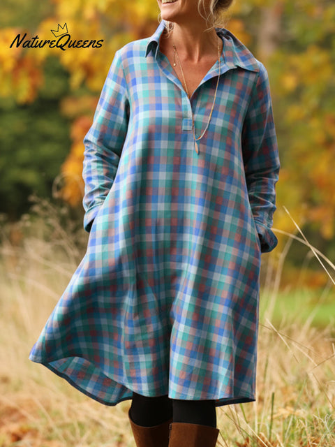 Retro Autumn and Winter Contrast Plaid Lapel Dress